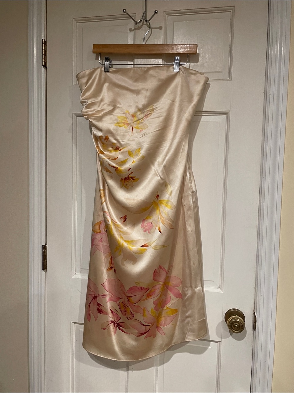 Banana Republic Strapless Satin Dress in Champagne with Pink and Yellow Florals